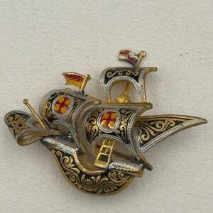 Vintage Spanish Damascene Ship Brooch Toledo Gold Black Enamel Nautical